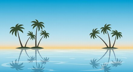 Fototapeta premium Peaceful tropical islands reflected in calm water.