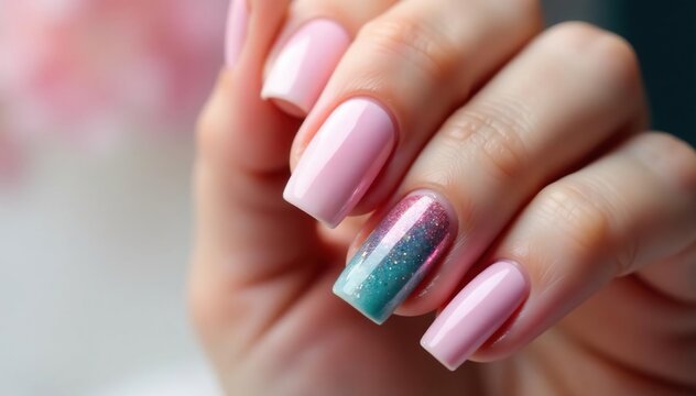 Close-up shot of elegant acrylic nails with a trendy design , yellow nails, neutral nails