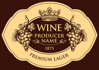 Vector wine labels with hand-drawn bunches of grapes, crowns and calligraphic inscriptions in retro style in oval frames. No AI used