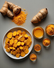 Radial Sliced Turmeric on Ivory Plate with Frosted Jar &ndash; Clean Top-Down Wellness Layout
