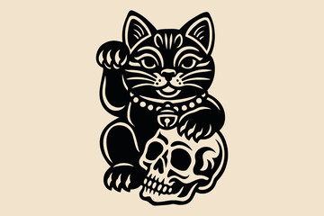 Lucky cat with skull beige background thick ink icon