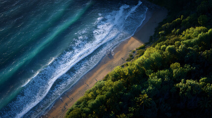 Seashore heartsease a bird's eye survey of pristine coast with gentle waves caressing the soft, inviting sands