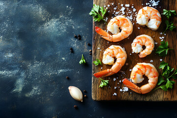 Delicious cooked shrimps on wooden board with salt, pepper, parsley, and garlic.  Perfect for recipe blogs or food websites.