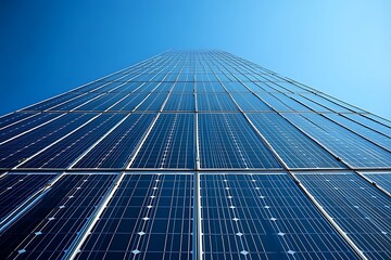 Fototapeta premium Modern skyscraper covered in solar panels for clean energy.