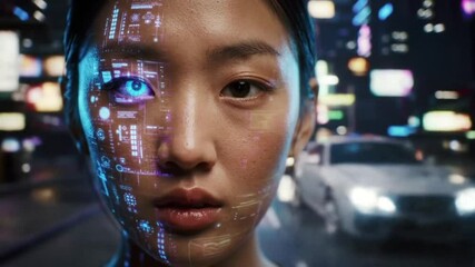 Futuristic Asian woman with digital interface overlay in a vibrant cityscape, embodying AI and advanced technology. - Powered by Adobe