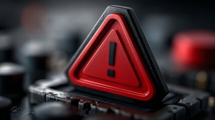 Obraz premium Warning Sign with Exclamation Mark on Control Panel in Dark Environment with Focused Depth