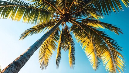 Fototapeta premium Copy space of tropical palm tree with sun light on sky background.