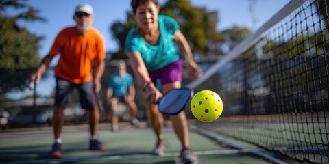 A dynamic scene of active seniors playing pickleball on a sunny day, showcasing joy and movement