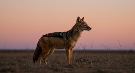 Jackal Standing in African Grassland at Dusk