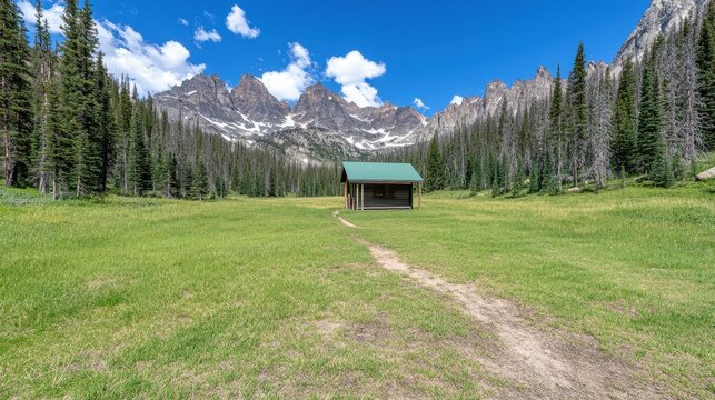 Scenic Landscape with Mountain Peaks and Green Meadow in Nature