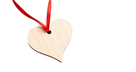 Heart-Shaped Wooden Tag with Red Ribbon Hanging on transparent background, isolate