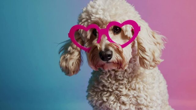 Charming poodle in pink heart glasses on vibrant background