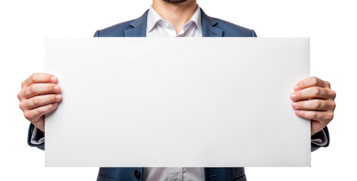 Businessman Holding Blank White Sign for Advertising or Marketing Campaigns with Copy Space transparent background, isolate - Powered by Adobe