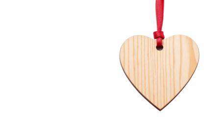 Wooden Heart Shape Ornament with Red Ribbon on transparent background, isolate for Crafts and Gifts