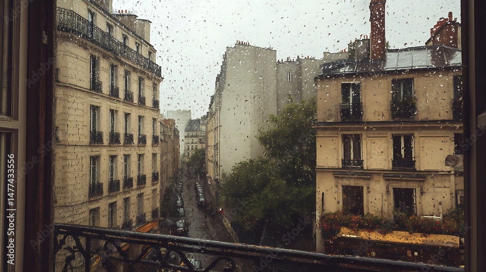 Poster view from a window of an old building on a rainy day in paris