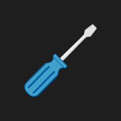 Flathead screwdriver with blue handle, Vector illustration of a hand tool used for turning slotted screws, isolated on dark background.