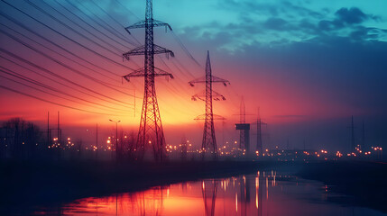Fototapeta premium Electric Power Lines at Sunset with Vibrant Sky and Reflection