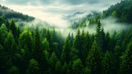 Fototapeta premium A breathtaking landscape of a serene mountain valley blanketed in a dense pine forest with soft sunlight filtering through the morning fog creating a captivating and peaceful atmosphere