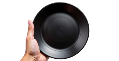 Black Serving Plate Held by Hand on transparent background, isolate with Copy Space for Restaurant Menus and Food Presentation