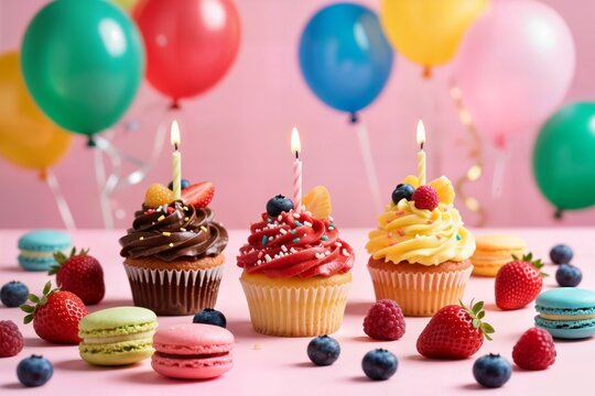festive birthday cupcake concept burning candle concept festif de cupcake d'anniversaire avec bougie allum&eacute;e concepto festivo de cupcake de cumplea&ntilde;os vela encendida