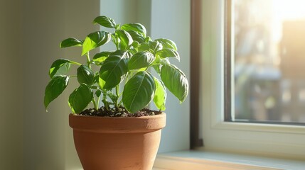 Fototapeta premium Fresh Basil Plant Growing in Clay Pot on Sunlit Windowsill with Golden Hour Light