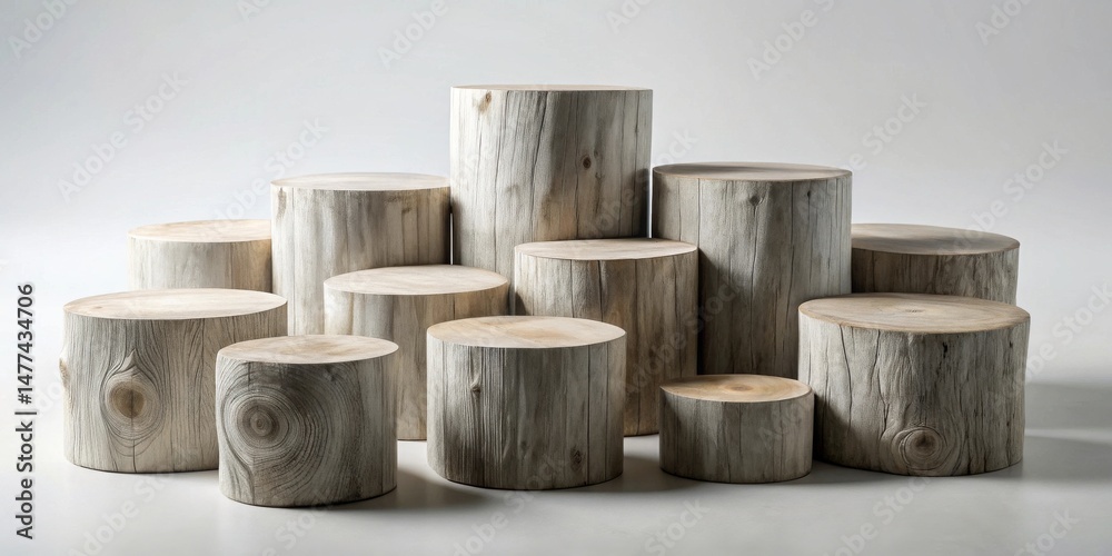 Poster rustic wooden cylinders arranged as a display platform for product showcase or decorative arrangemen