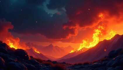 Fiery inferno backdrop, intense flames burning against a dark night sky , mystical, smoke