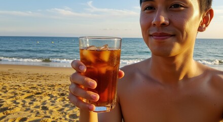 Man Holding Iced Drink at Beach Refreshing Summer Day