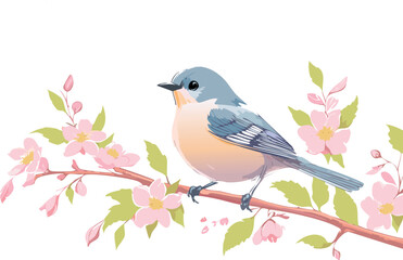 Small bird perched on a blooming branch, illustrated with delicate pastel flowers and minimal soft line art. Perfect for greeting cards, posters, and gentle decor.