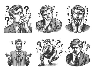 Businessman men with puzzled, uncertain, and thoughtful expressions, surrounded by question marks Set collection bundle sketch engraving generative ai vector. Scratch board. Black and white image.
