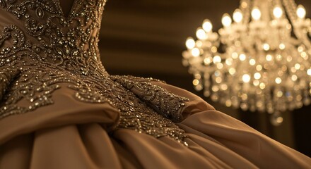 Obraz premium Close-up of a luxurious gown adorned with intricate beadwork and a blurred chandelier in the background. Classic elegance and sophistication.