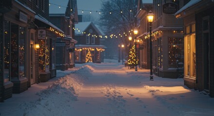Snowy Village Street at Night with Christmas Lights and Decorations