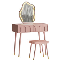A pink vanity with a mirror and a pink stool