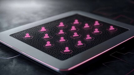 Digital Tablet with User Icons on Screen in Futuristic Setting