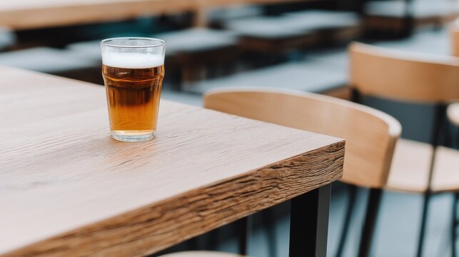 Craft beer in a glass, casual pub setting with wooden tables and contemporary decor, perfect for social gatherings.