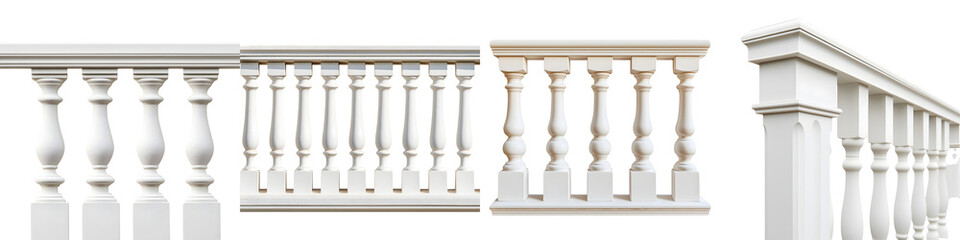 Elegant, intricate white balustrade designs featuring classic columns and decorative accents, ideal for architecture, interior design, or outdoor spaces.