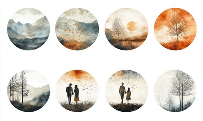 Eight Circular Watercolor Landscapes Serene Nature Scenes in Muted Earth Tones