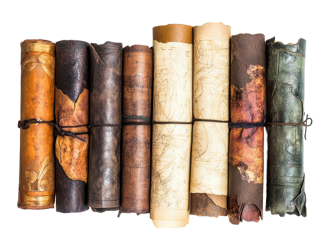Isolated Collection of Rolled Ancient Leather Scrolls