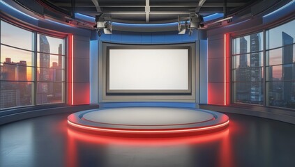 Modern TV Studio News Broadcasting Set Design with Cityscape View