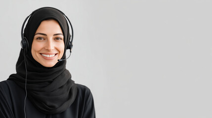 Middle Eastern woman wearing a hijab, working as a customer service representative, smiling with a headset on, clean white office background