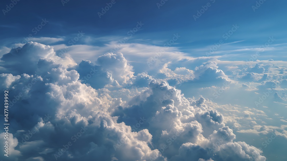 Aufkleber wonderful view from the airplane window flying above the clouds cumulus clouds with blue sky in sunn