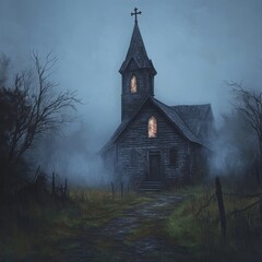 A solitary, old, wooden church sits on a foggy path in the woods.