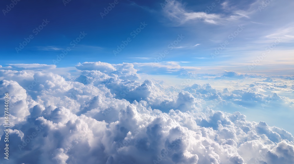 Aufkleber wonderful view from the airplane window flying above the clouds cumulus clouds with blue sky in sunn