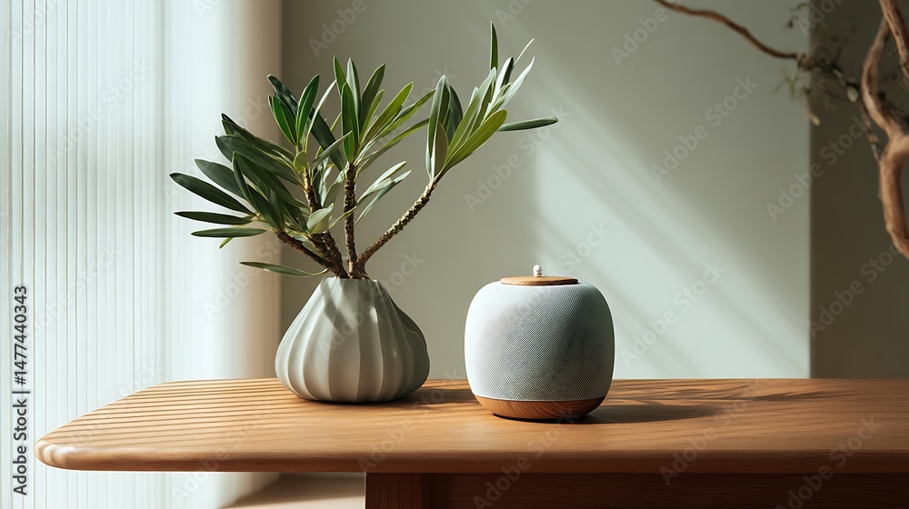 Poster wireless portable speaker and vase with plant branch on table in room