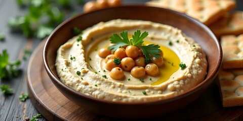 Creamy Hummus Delight: Middle Eastern Chickpea Dip with Olive Oil and Parsley.