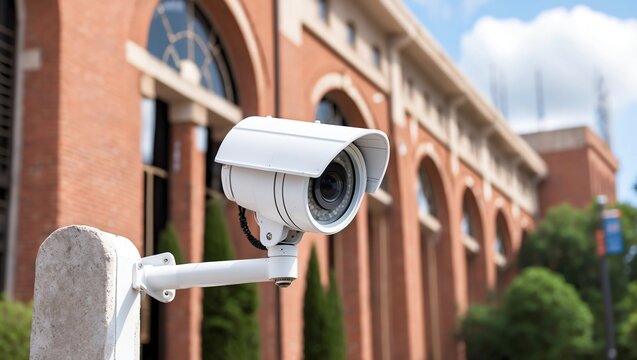 Video Security Camera Housing Mounted High on College Campus