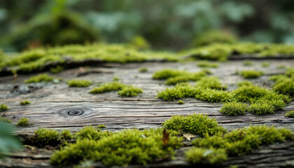 A close-up view of the vibrant green moss, thriving on weathered wood, creating a textural display of nature's beauty.