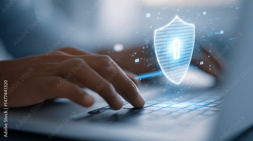 Poster close-up of hands typing on laptop keyboard, digital shield with binary code above, symbolizing onli