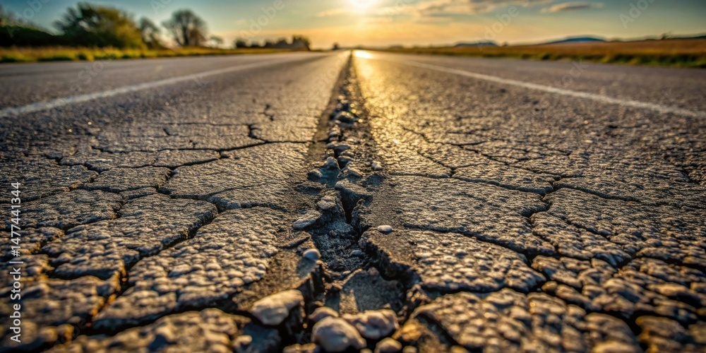 Aufkleber close-up view of a cracked asphalt road at sunset, showing the texture and depth of the surface with