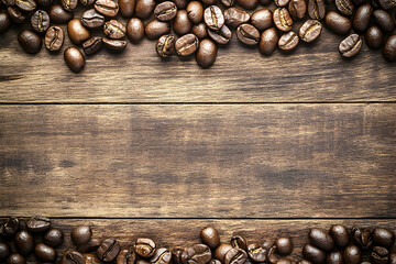 Aromatic coffee beans border a rustic wooden background, perfect for menu designs or coffee-themed projects.
